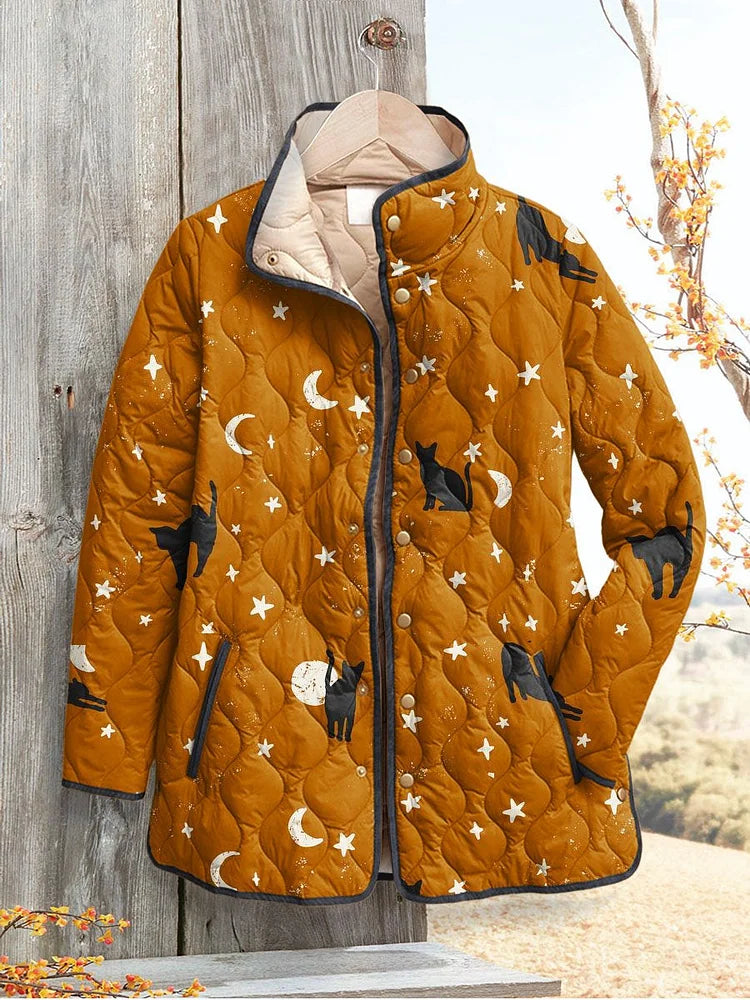 Black Cat Halloween Print Casual Quilted Jacket