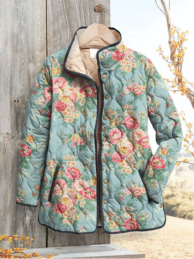 Women's jacket with a beautiful floral print, quilted
